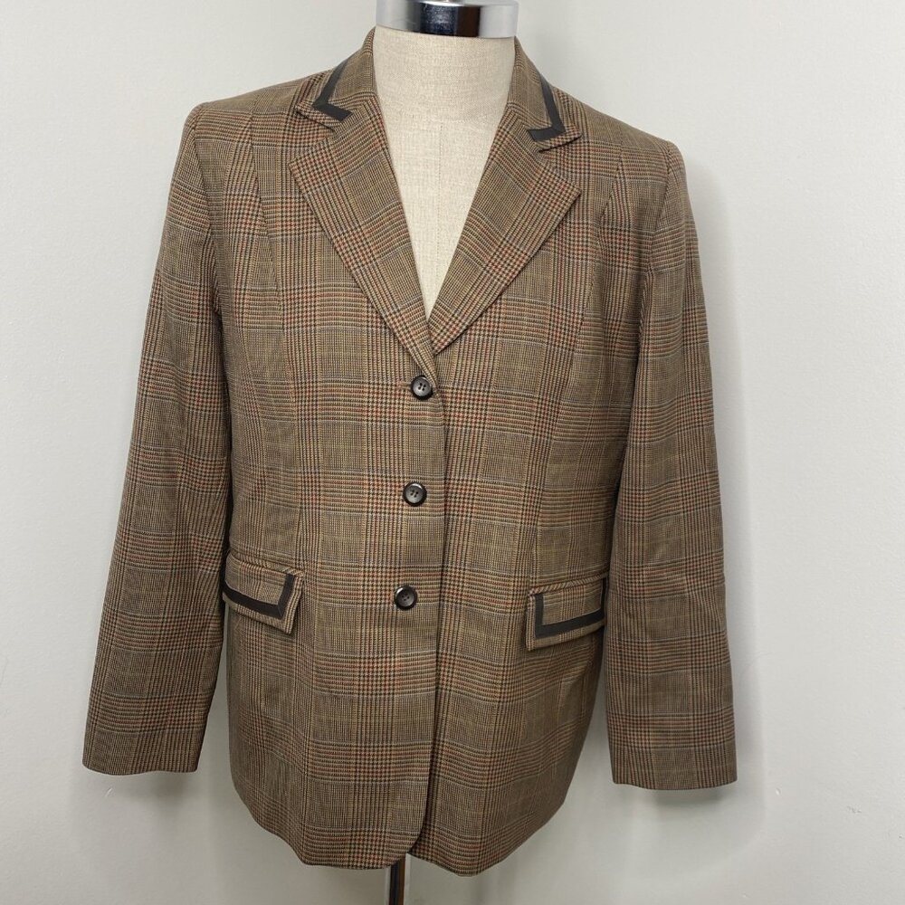 Pendlton Brown Plaid Wool Blazer 14 Leather Trim Jacket Quiet Luxury Equestrian